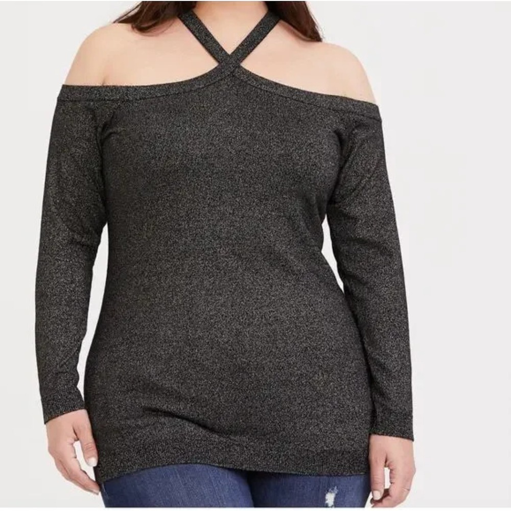 Torrid Sweater Top Blouse 1X 14-16 Black & Gold Metallic Cold Shoulder Party NWT